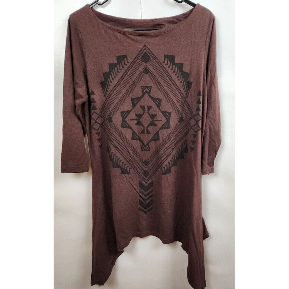 DG2 By Diane Gilman Brown Southwest Tribal 3/4 Sleeve Tunic Top Medium